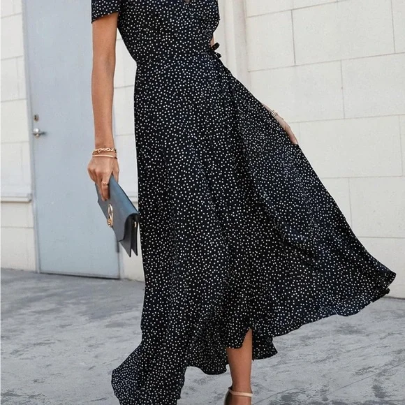 Blue High-Low Wrap Sundress with Flutter Sleeves - Picture 5 of 7